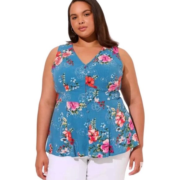 Torrid Floral Tank Blouse Sz.2 2XL Blue Sleeveless Peplum Boho Cottage Feminine - Picture 1 of 16